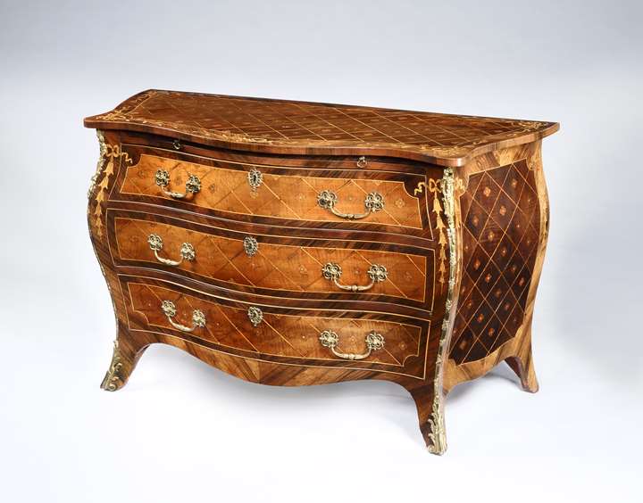 A Magnificent George III Period Marquetry Bombe Commode
